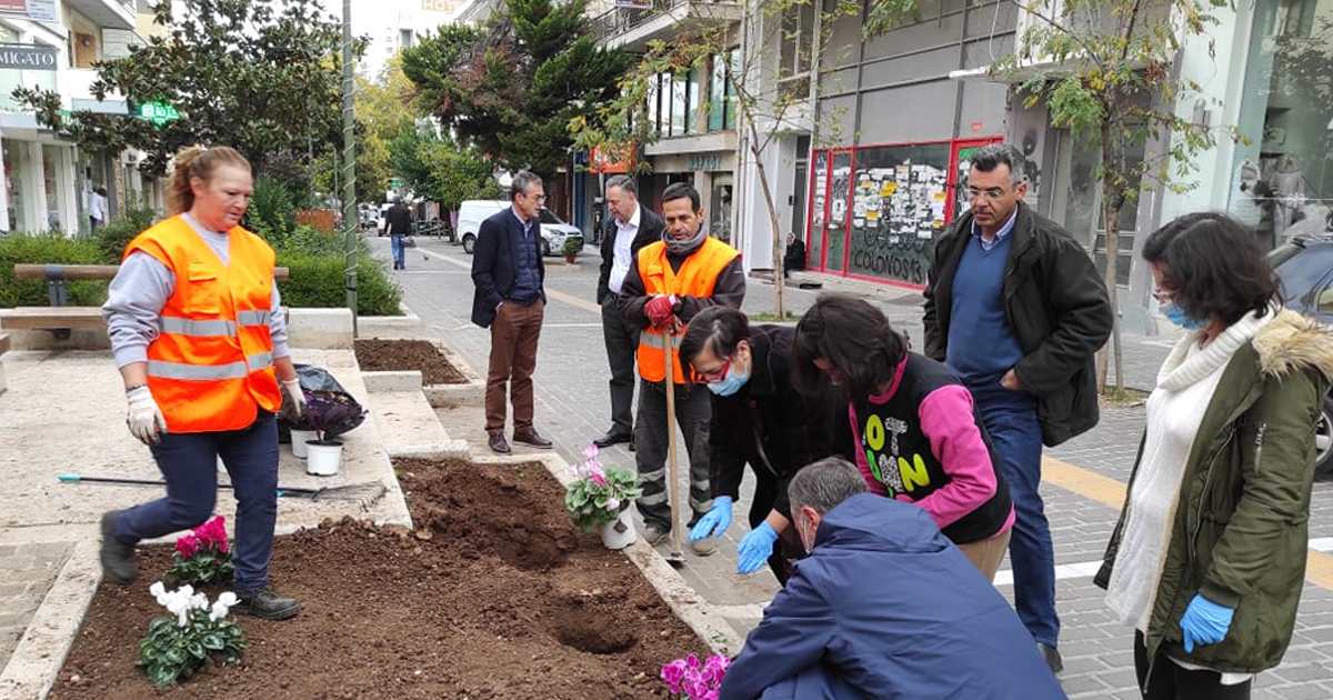 Φύτευση λουλουδιών στον κεντρικό πεζόδρομο της Θήβας